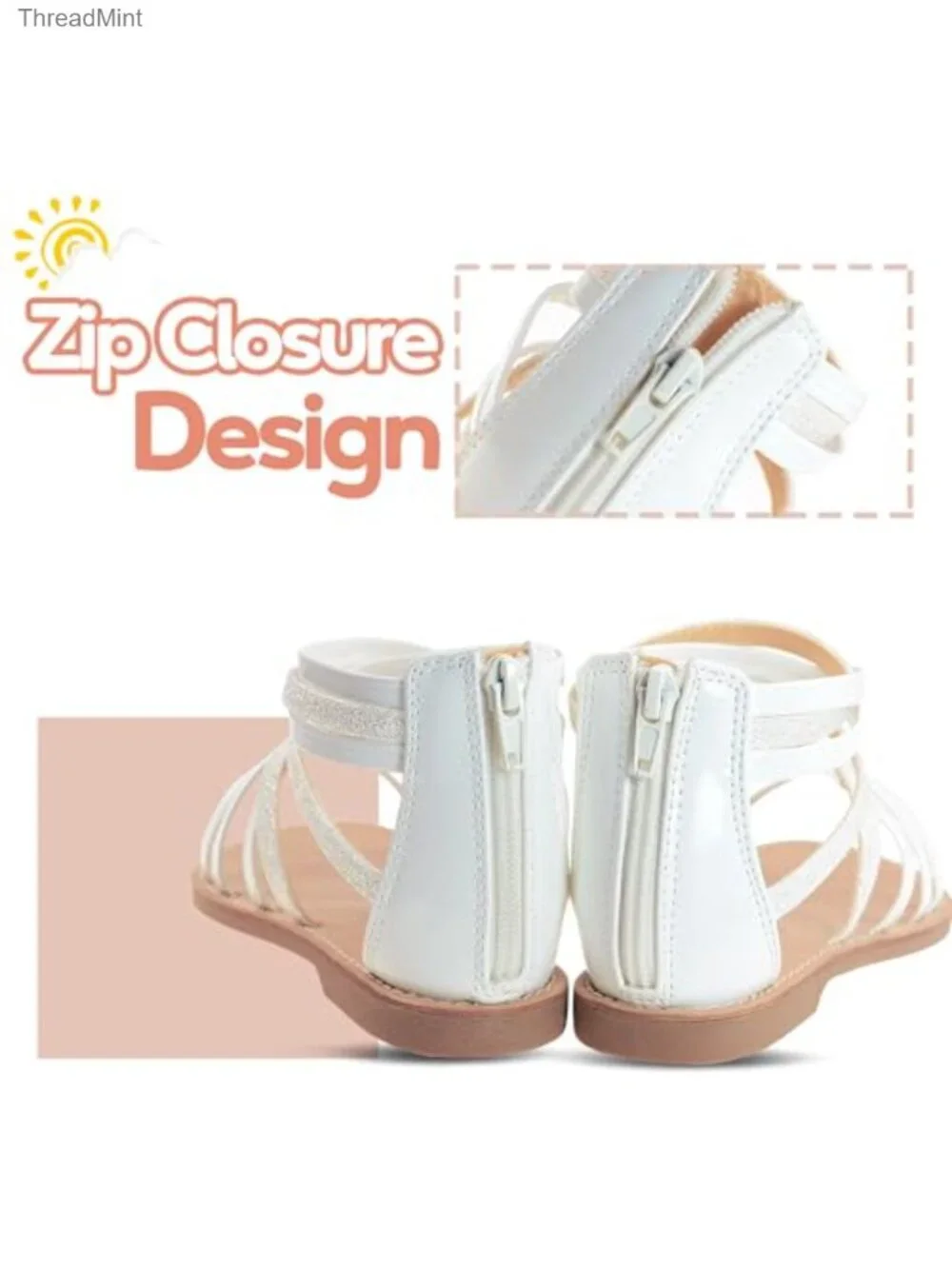 Girls Strappy Gladiator Sandals with Zipper, Lightweight Rubber Sole